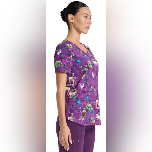 Disney The Nightmare Before Christmas Skellington Women's V-Neck Print Scrub Top - Picture 4 of 5